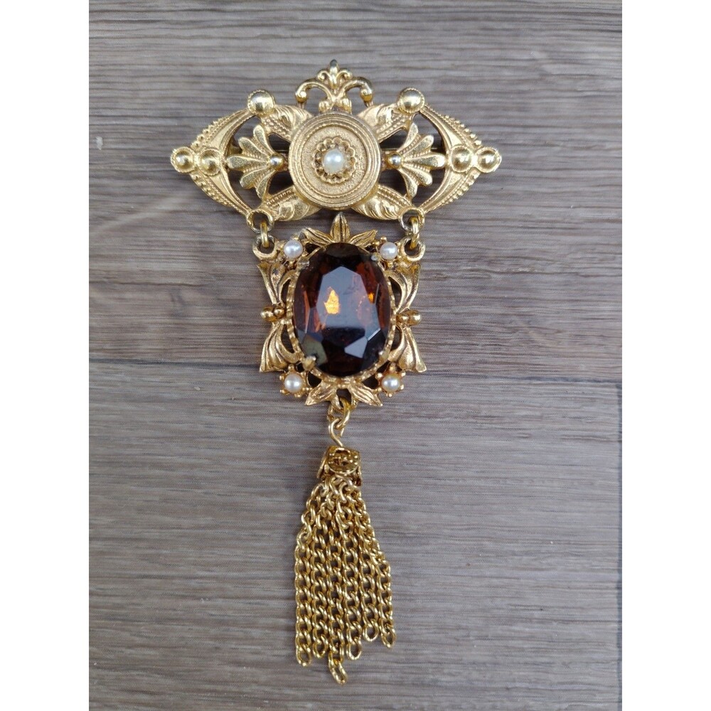 Florenza Victorian Revival Brooch Large Topaz-Color Faceted Stone Fringe Tassel